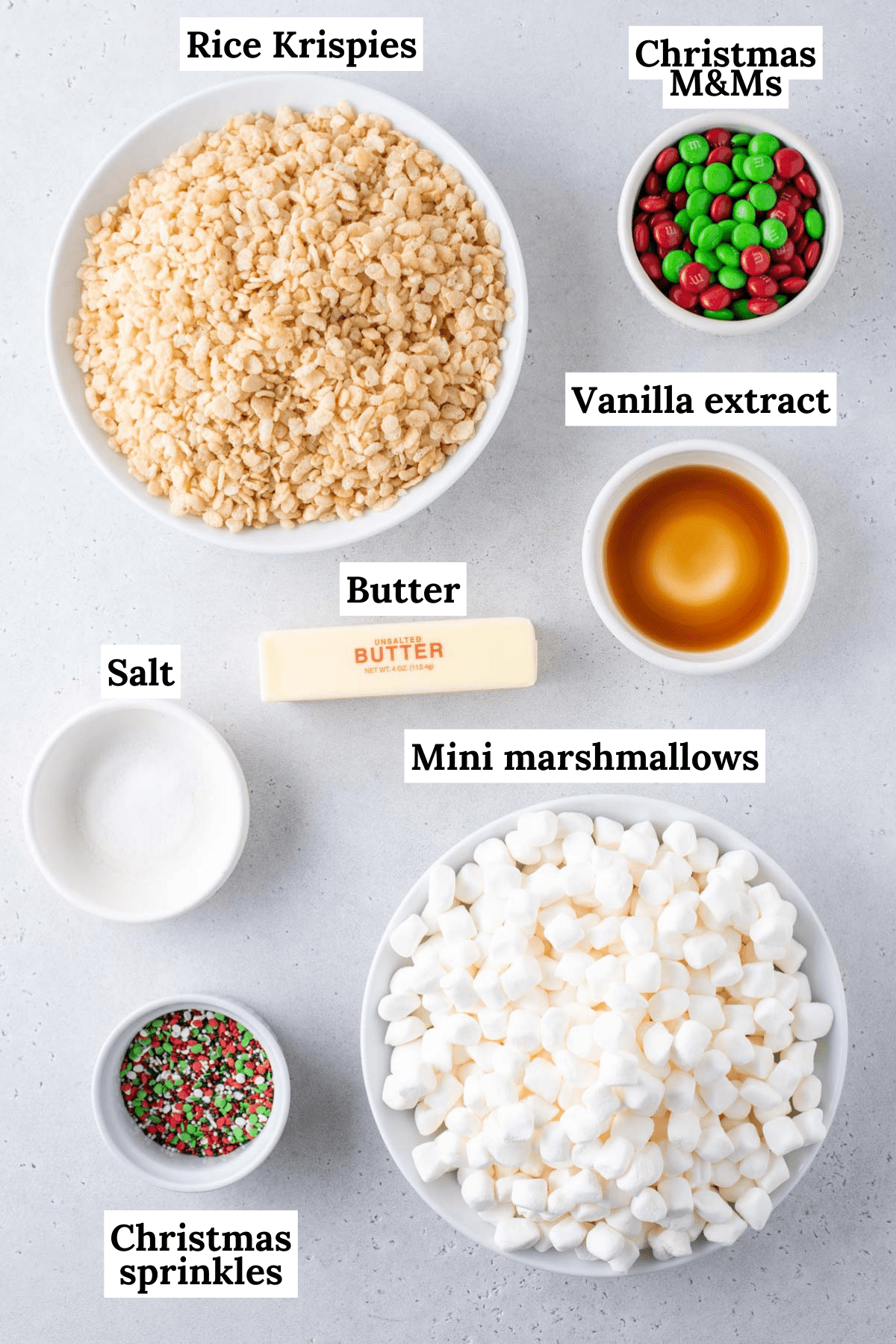 Overhead view of Rice Krispie treat ingredients measured out