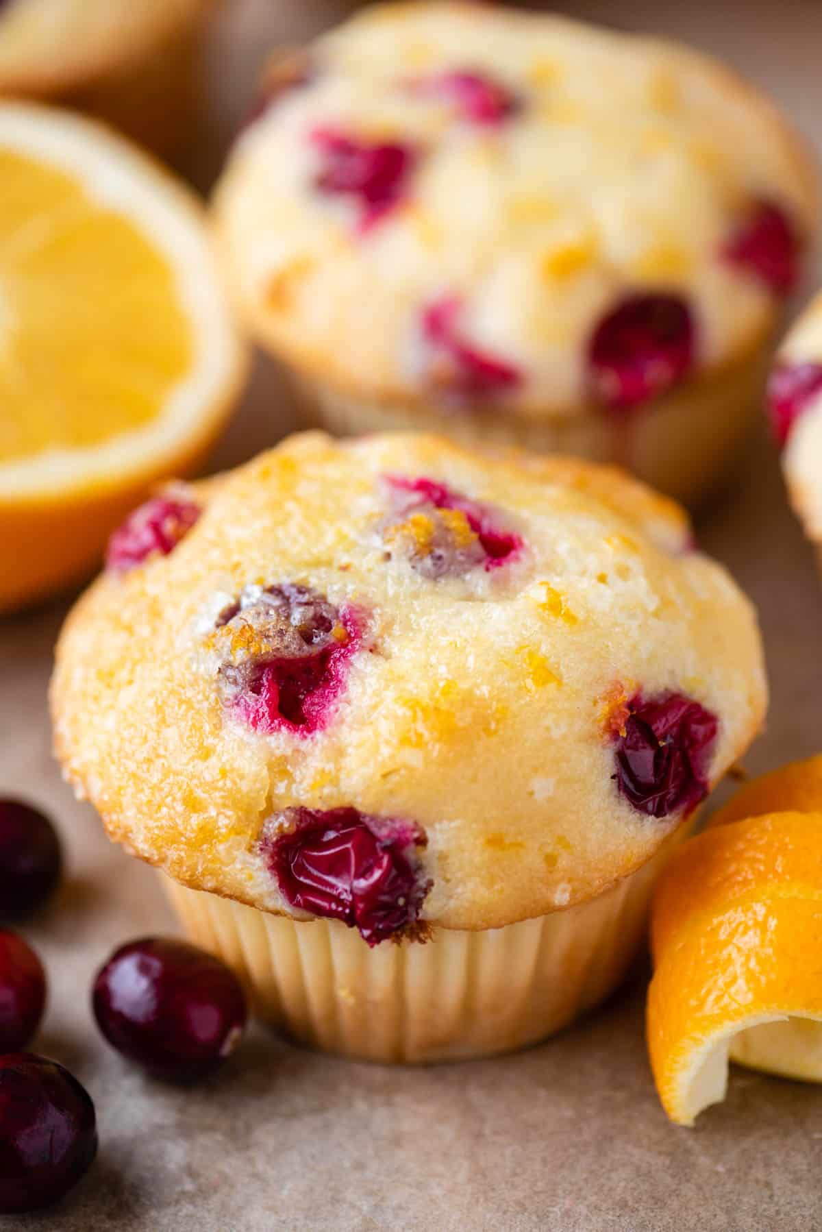 Close up of a cranberry orange muffin