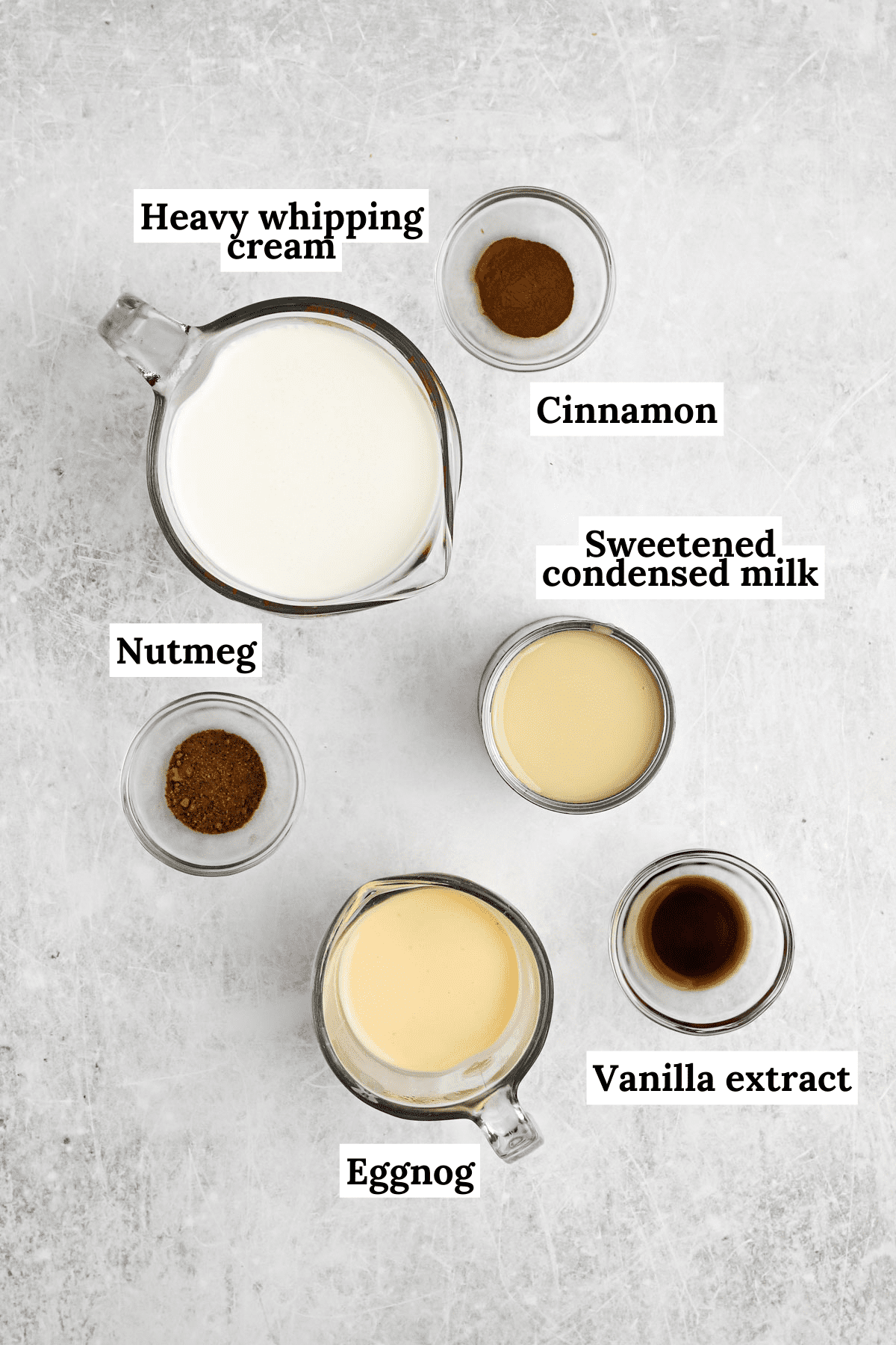 Overhead view of eggnog ice cream ingredients
