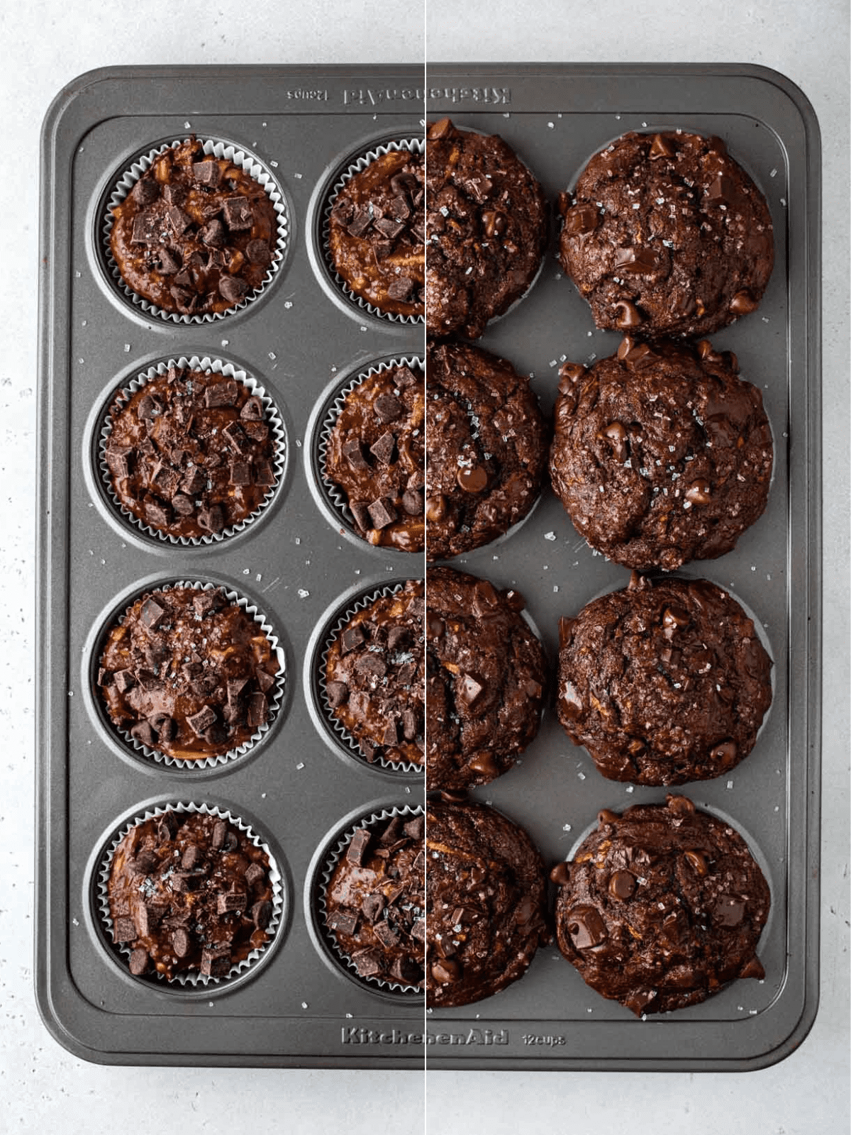 Chocolate zucchini muffins in a pan before and after they've been baked