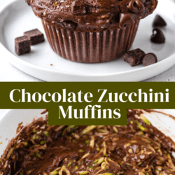 Pinterest graphic with two photos of chocolate zucchini muffins