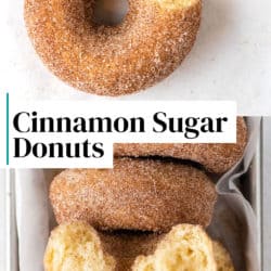 cinnamon sugar donuts lined in a loaf pan and on a white background