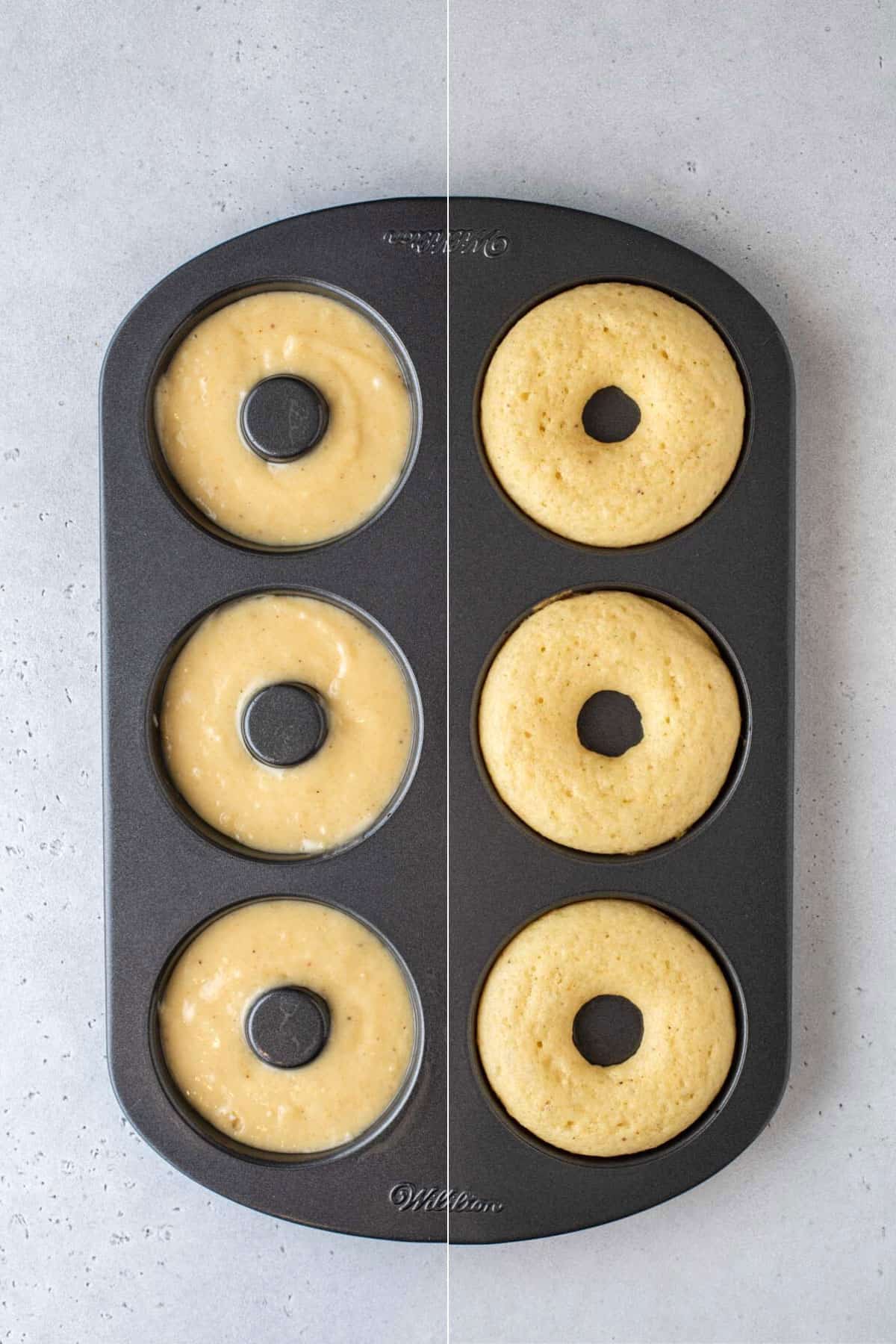 unbaked donuts and baked donuts in donut pan collage