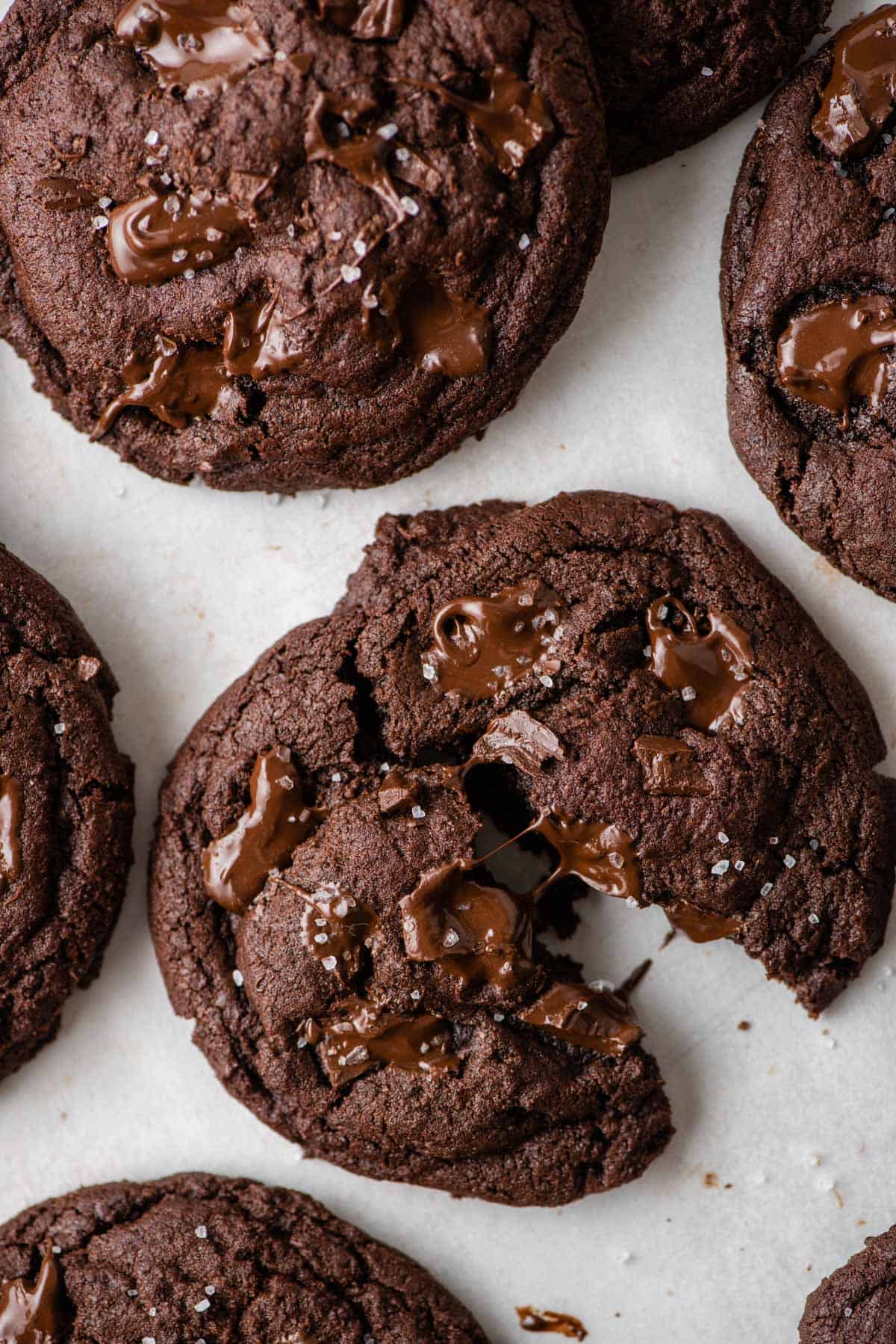 A gooey chocolate cookie cut in half