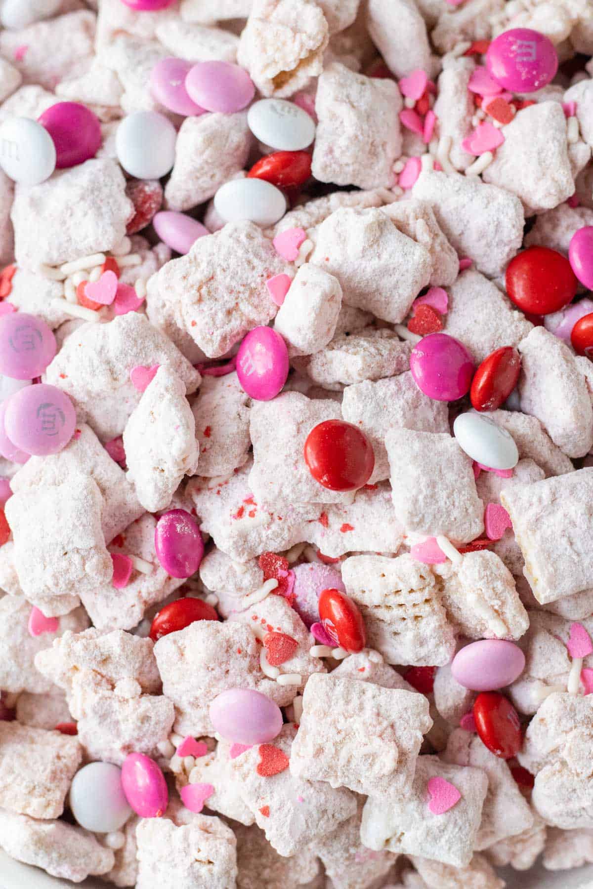 Close up of Valentine's Day Puppy Chow treat
