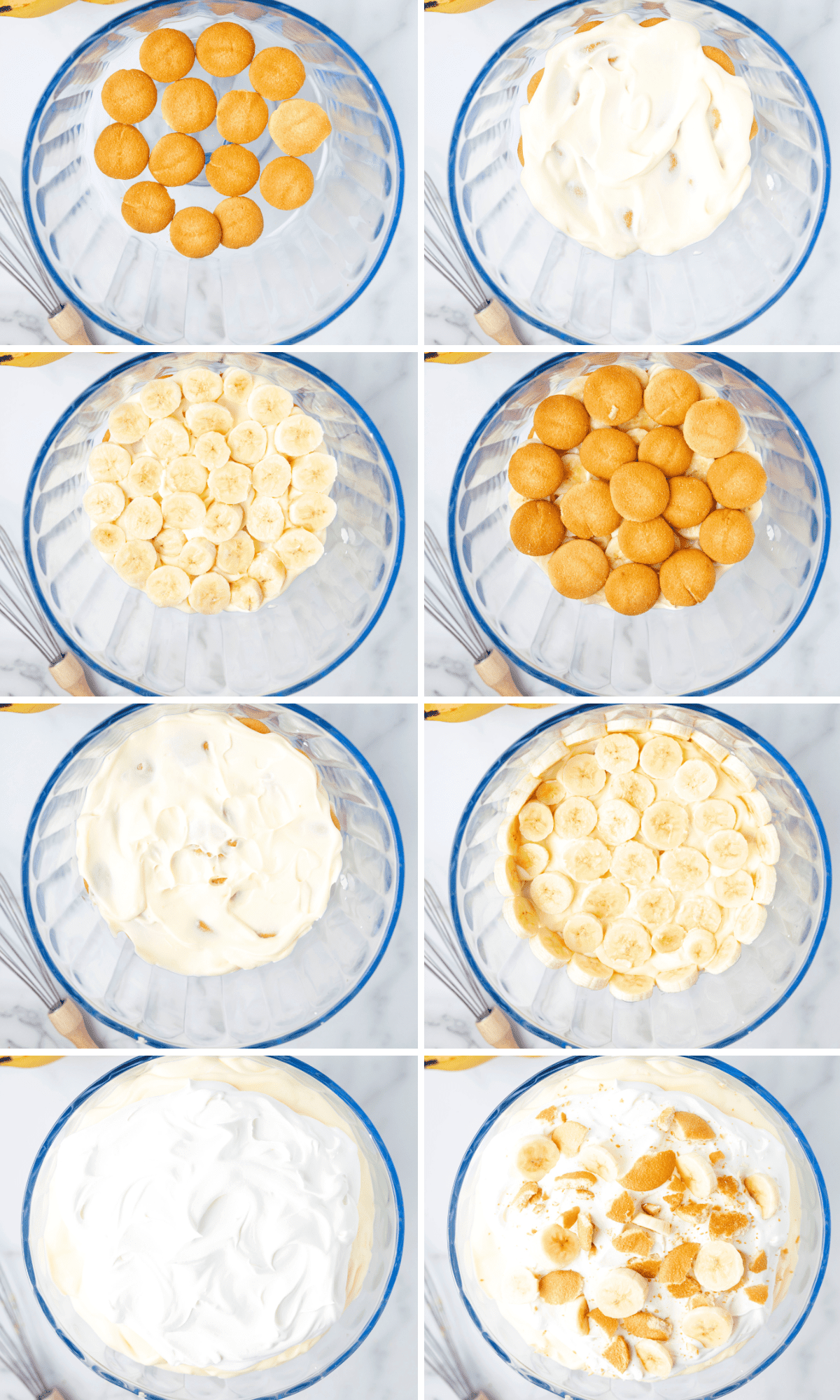 a grid of images showing the steps of layering an easy banana pudding recipe, starting with vanilla wafers, pudding, bananas, then more vanilla wafers, more pudding, then more bananas, then topped with cool whip, crushed vanilla wafers and slices of bananas