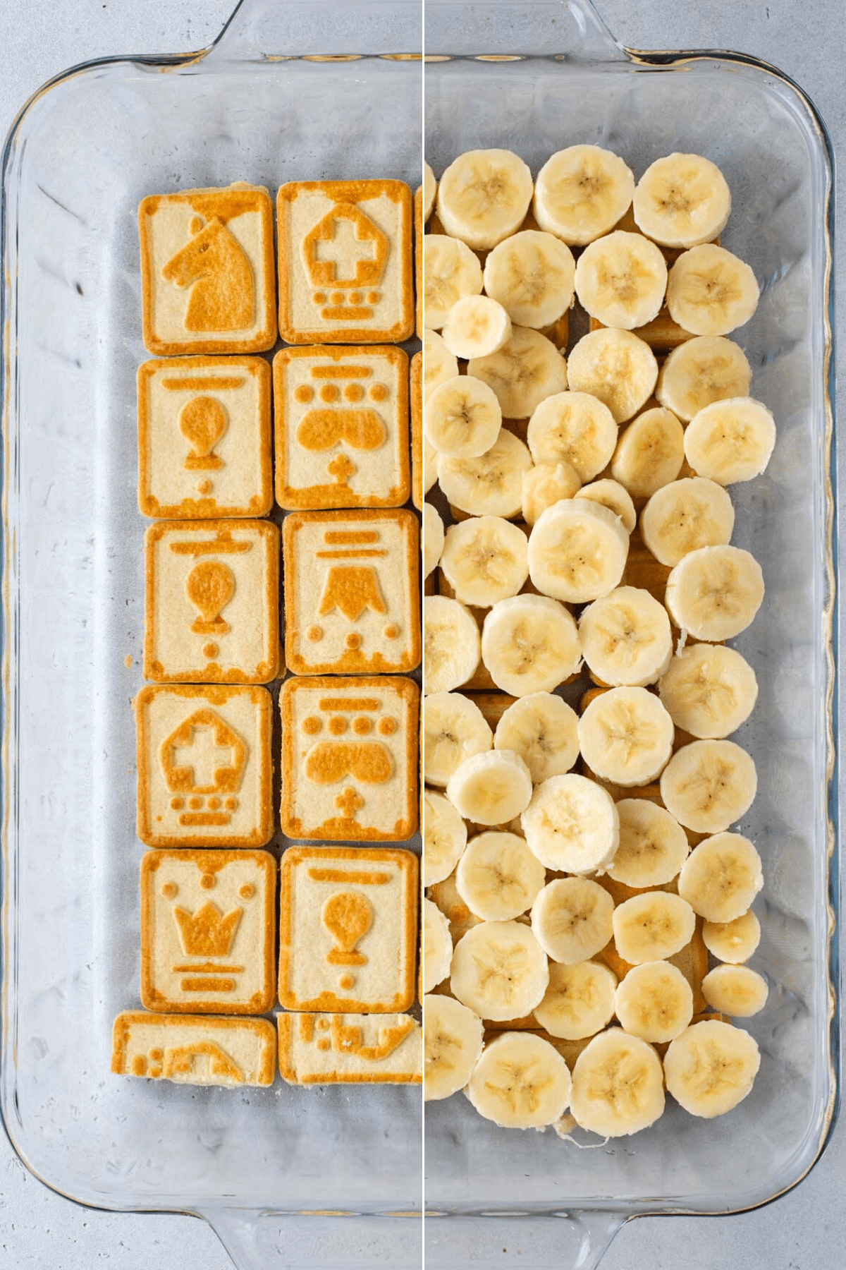 split image, chessman cookies layered in glass baking pan, with half layered with sliced bananas
