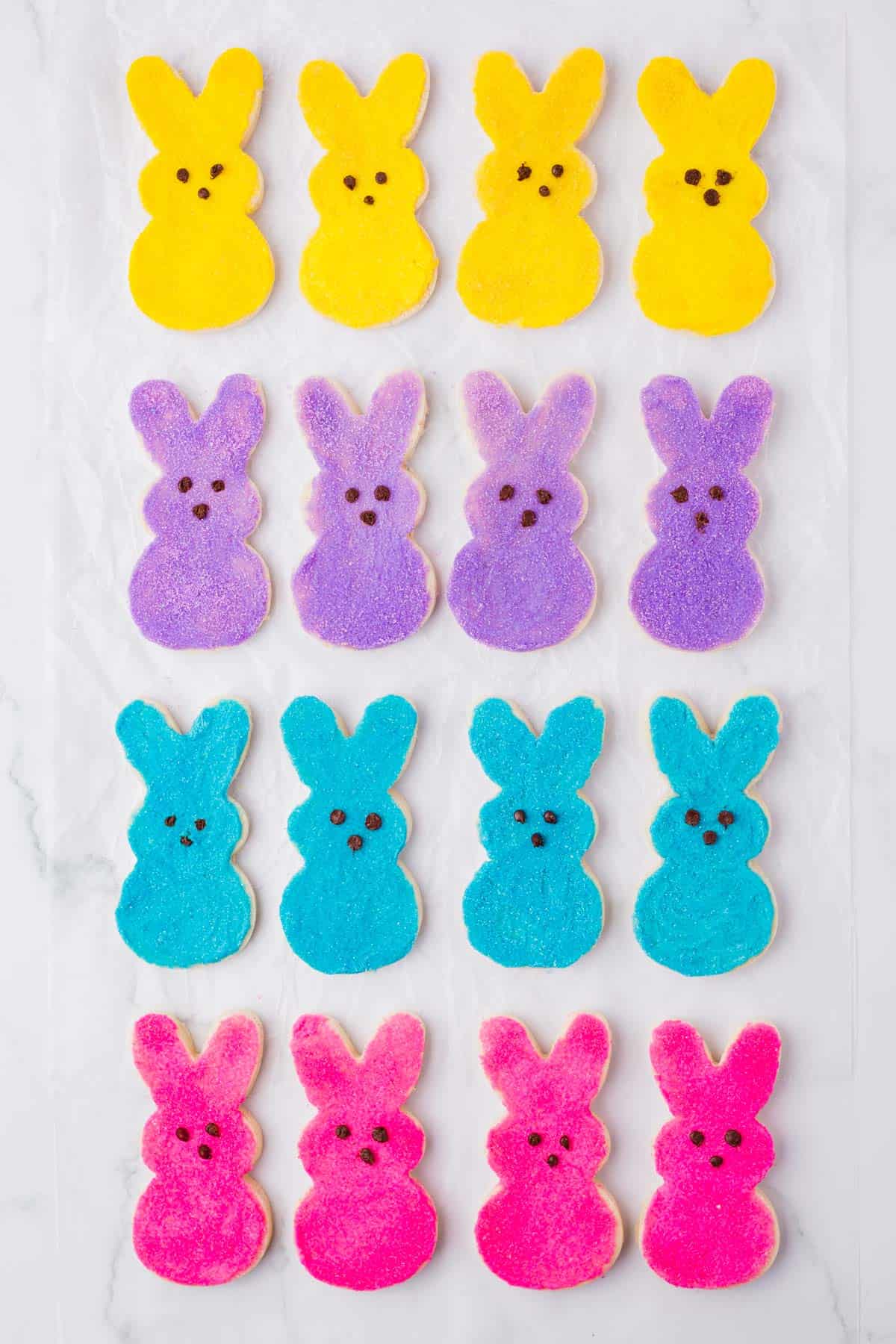 rows of yellow, blue, purple and pink peeps bunny cookies lined up on a countertop surface