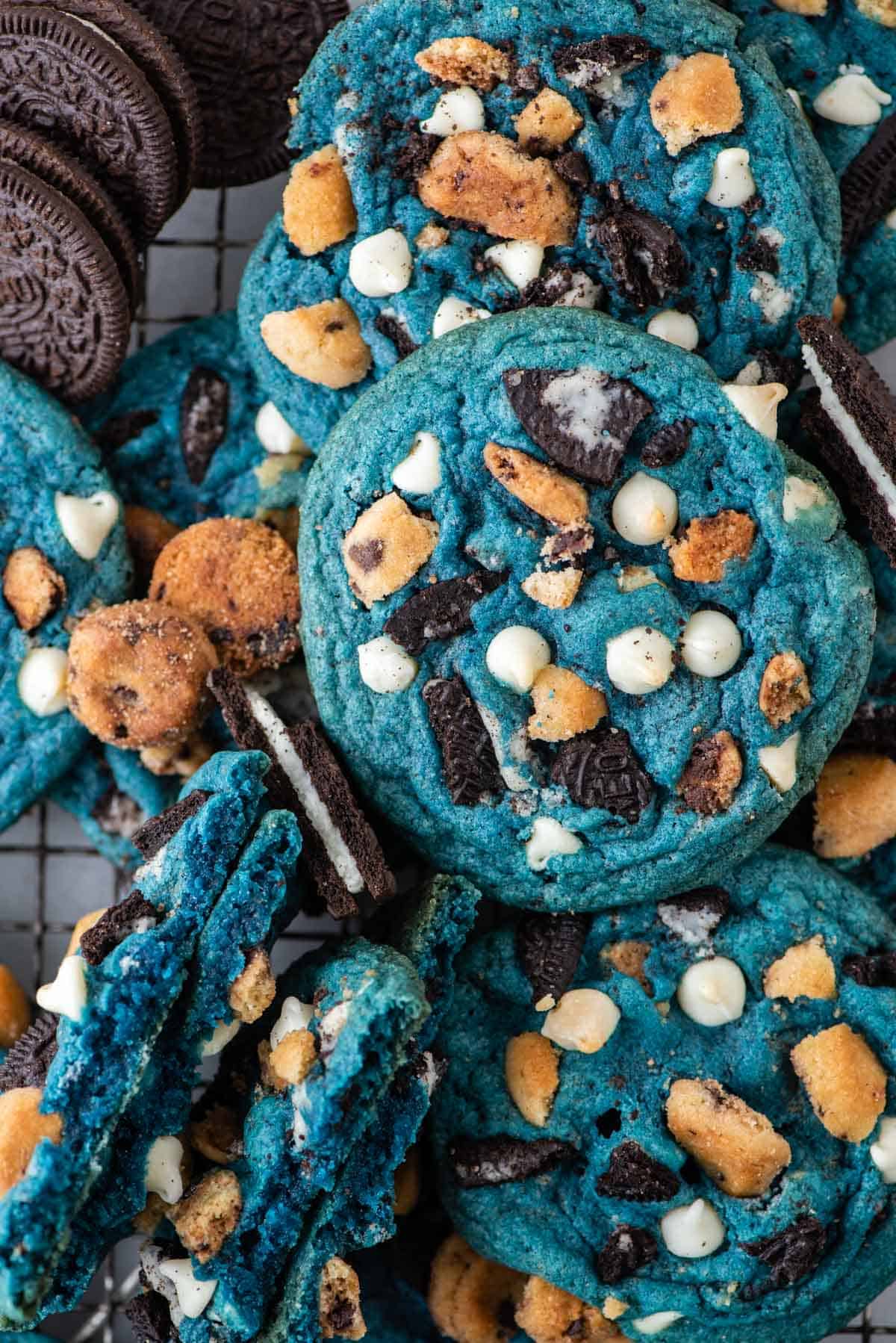 close up of a pile of cookie monster cookies with oreos and chips ahoy cookie pieces