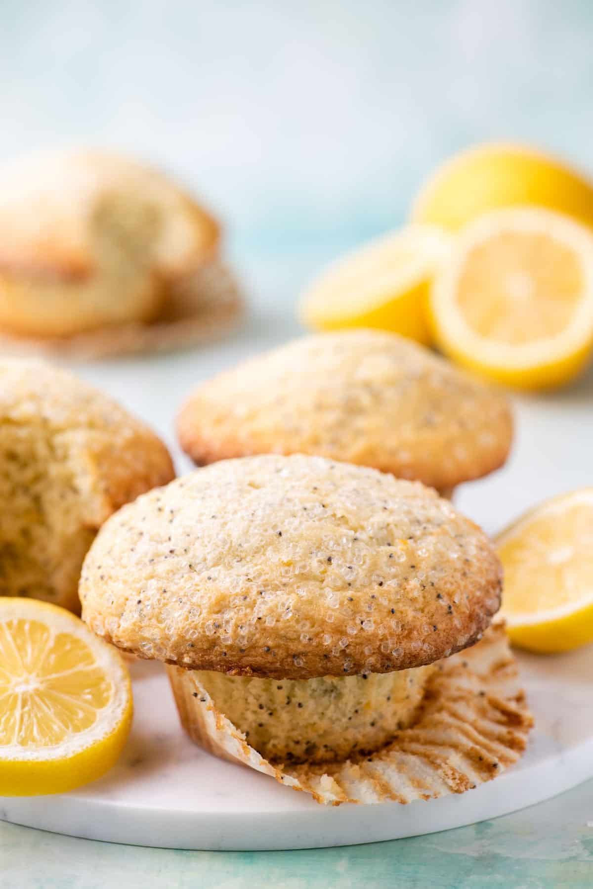 lemon poppy seed muffin on a white plate with muffin paper partially pulled off surrounded by more muffins and lemon slices