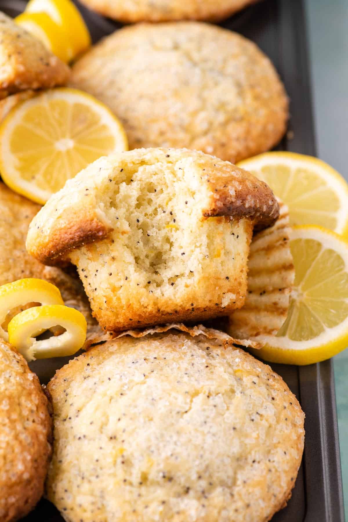close up of a pile of lemon poppy seed muffins in a pan with lemon slices and lemon peels