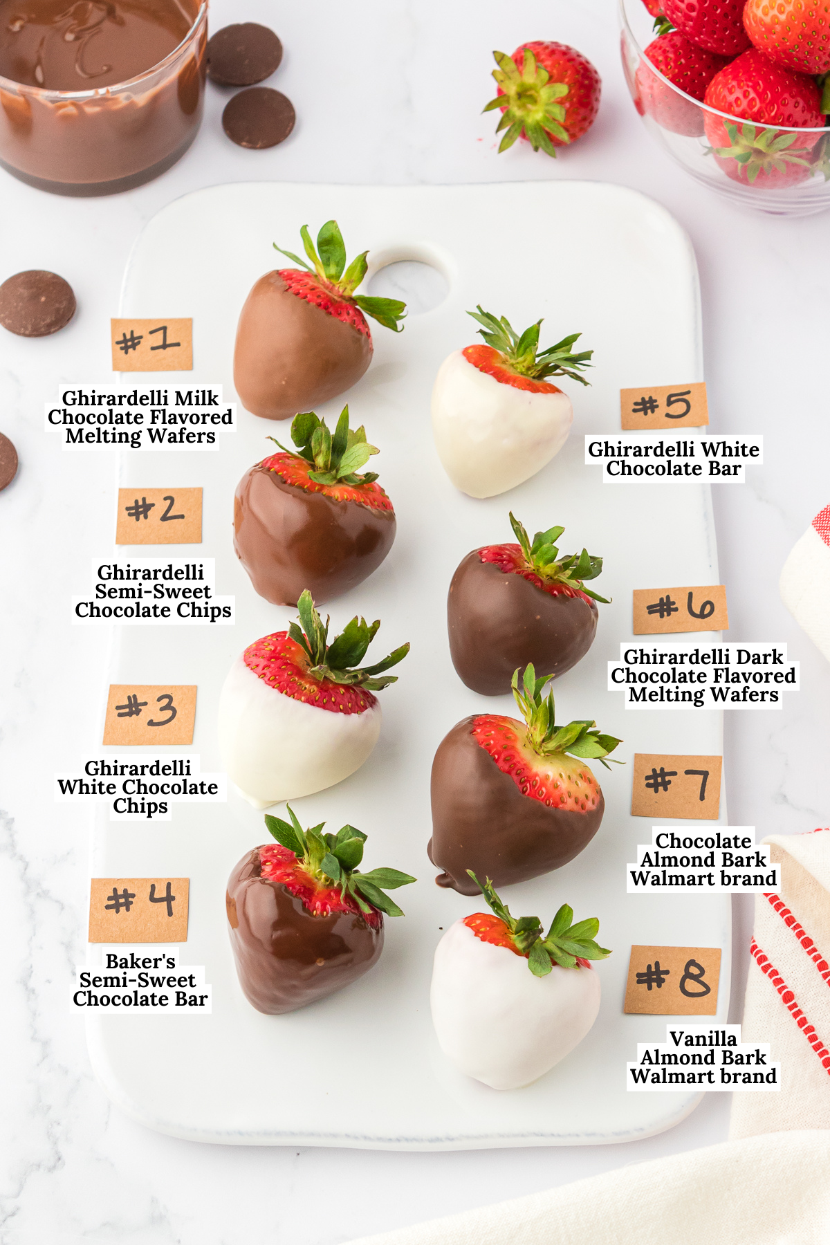 Chocolate covered strawberries on a white cutting board surrounded by chocolate, fresh strawberries, and numbered and labeled with the names of which chocolate they were dipped with