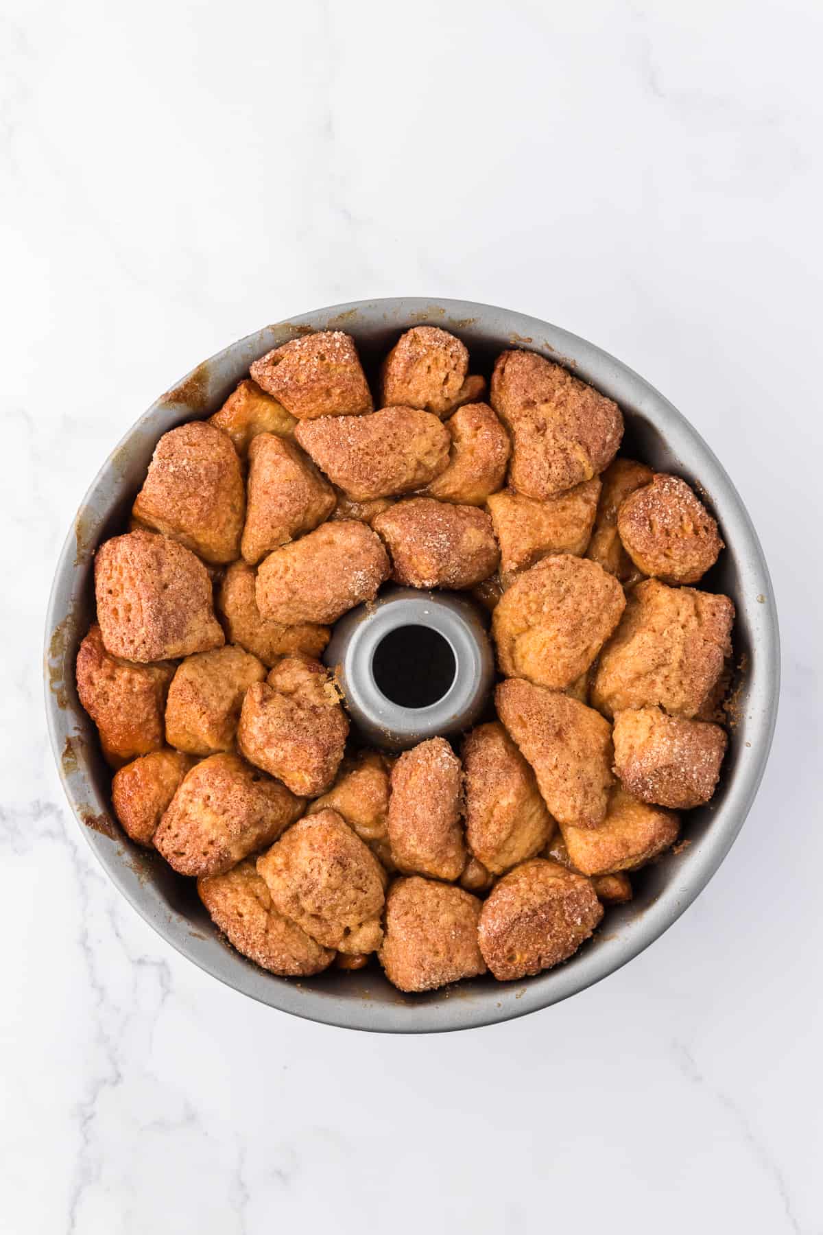 monkey bread in a bundt pan fresh out of the oven