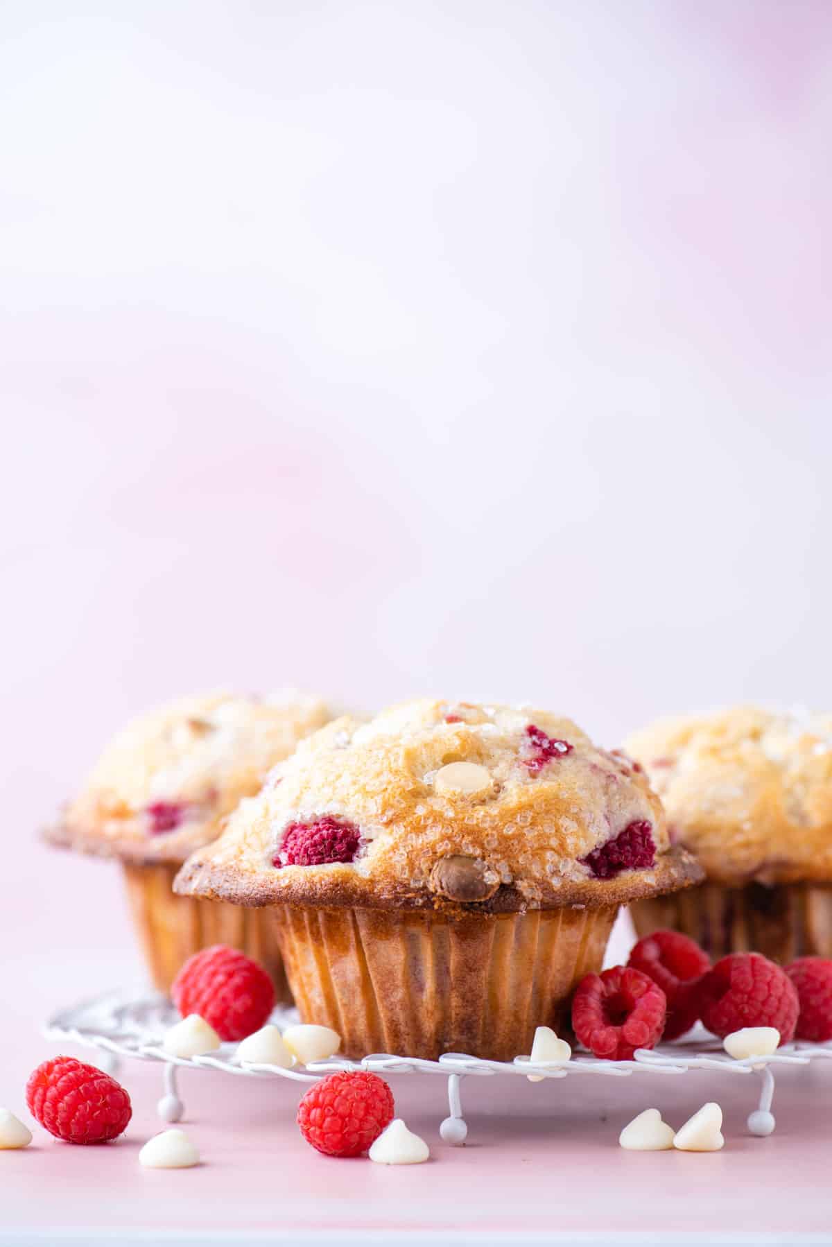 three raspberry white chocolate chip muffins arranged on a white wire rack with fresh raspberries and white chocolate chips sprinkled around them, on a pink surface