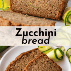 sliced zucchini bread on a white plate with fresh peels of zucchini surrounding it
