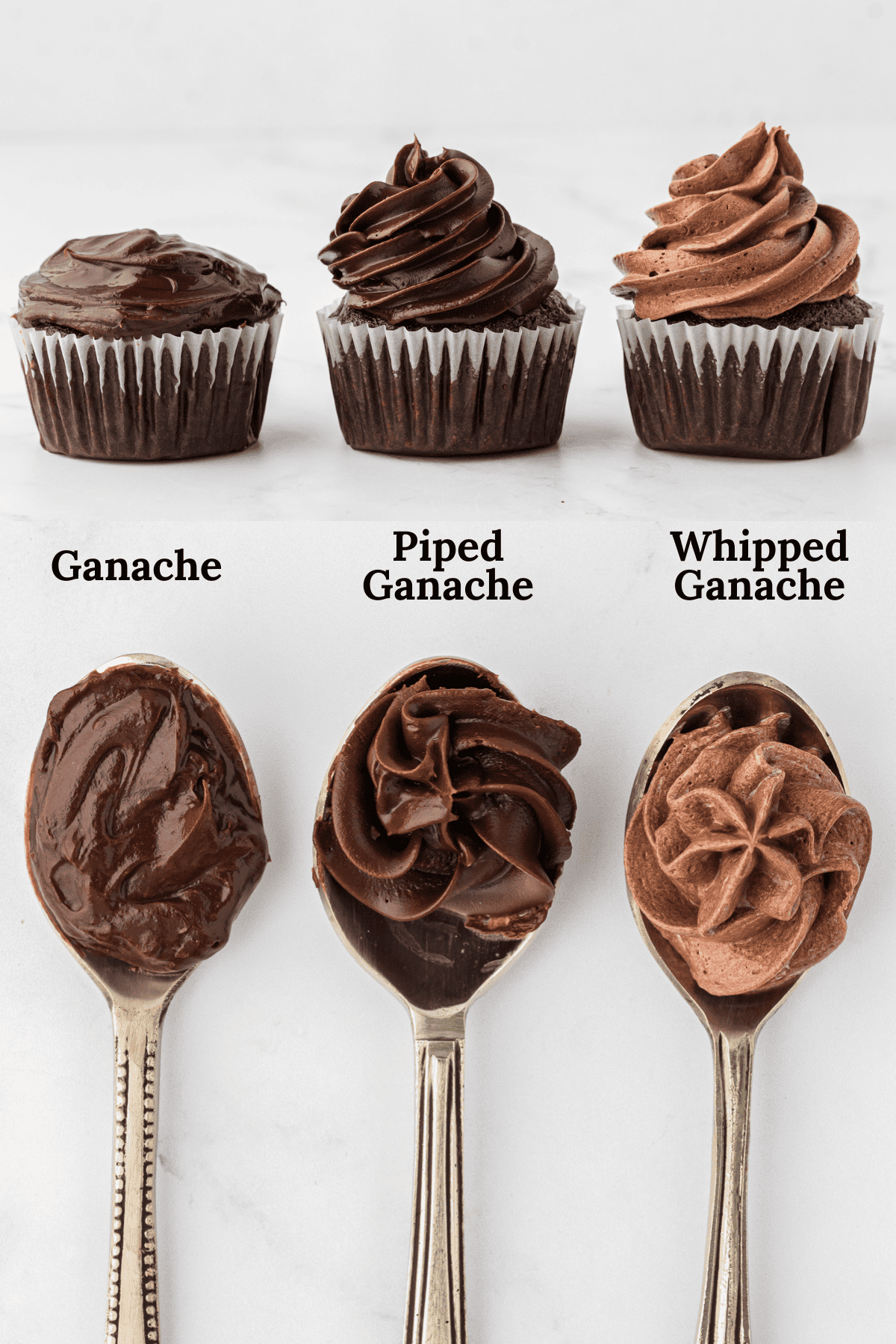 three types of ganache laid out on top of cupcakes and on spoonds, labeled with Ganache, Piped Ganache, and Whipped Ganache