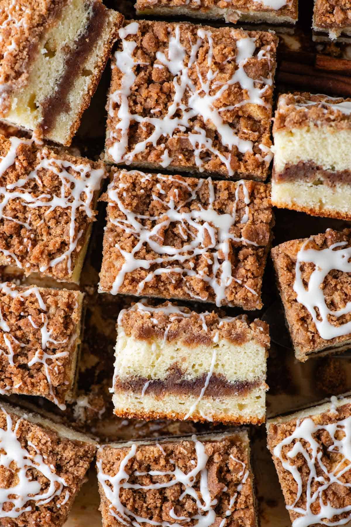coffee cake slices arranged around each other with some on their sides