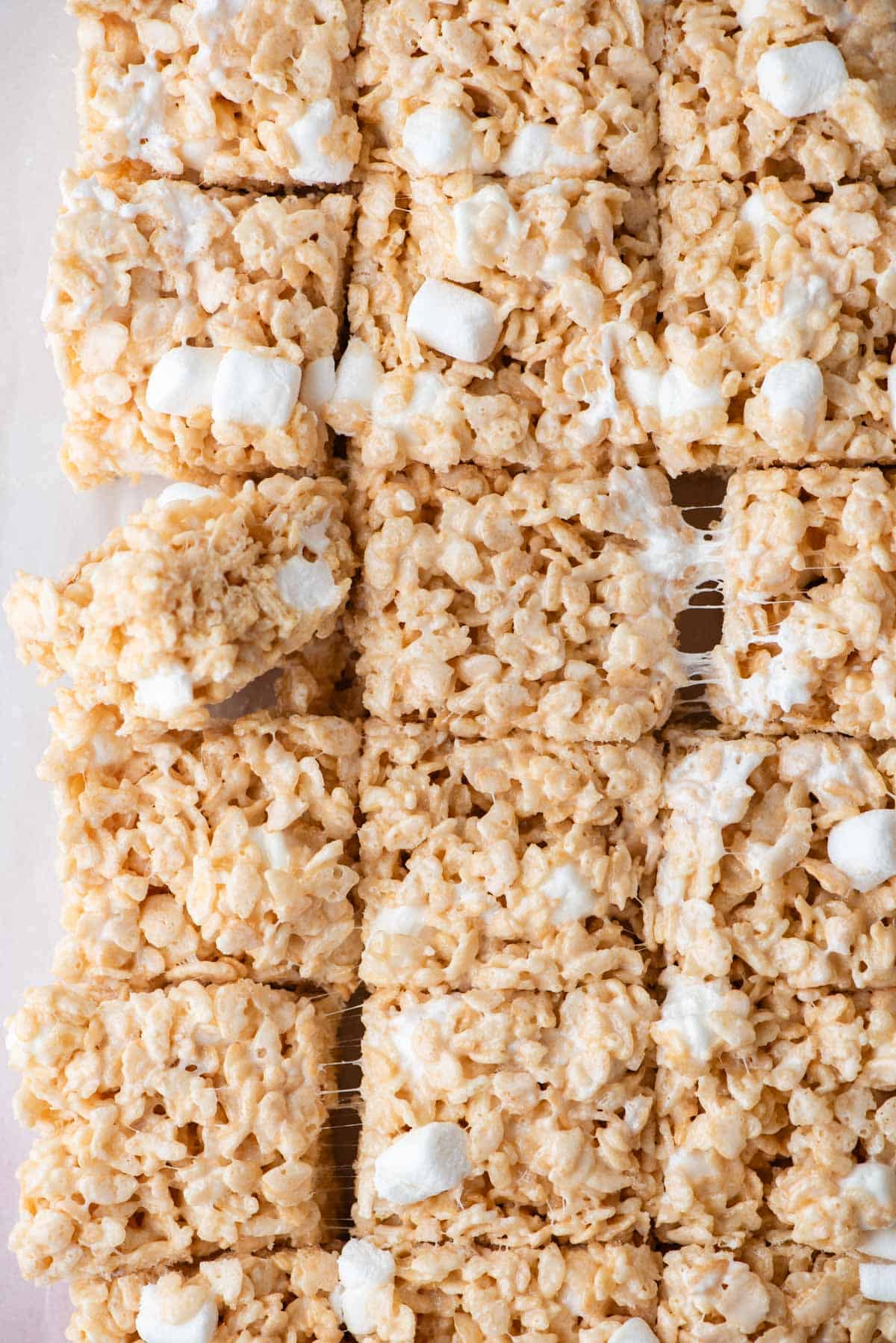 close up over the top of rice krispie treats cut into squares