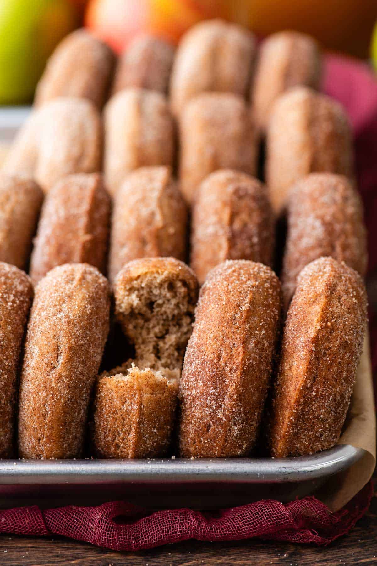 a sheet pan full of apple cider donuts lined up on their sides, with one missing a bit out in the front middle