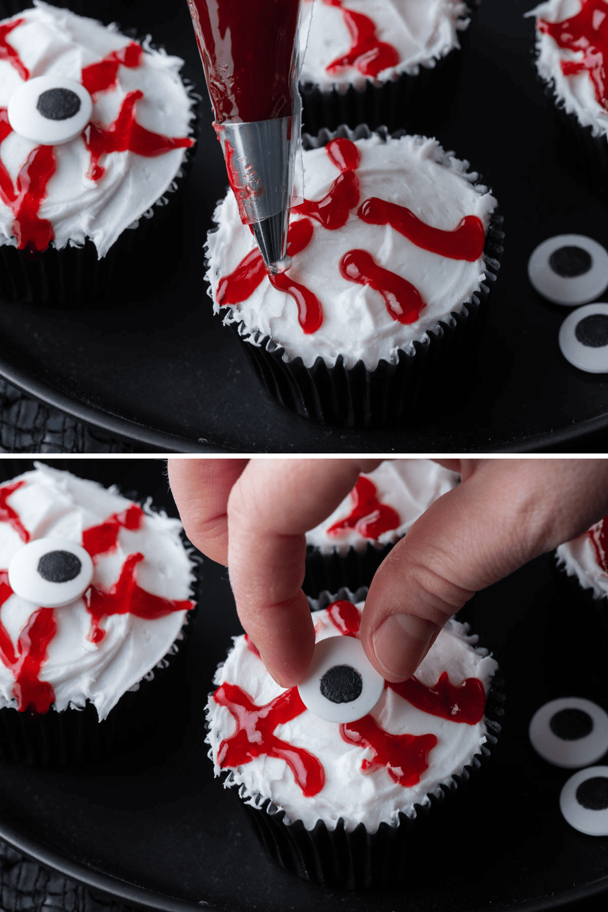 a collage of two photos making eyeball cupcakes, one piping bloody jam on to make the bloodshot eyes look and the other placing a candy eyeball in the middle