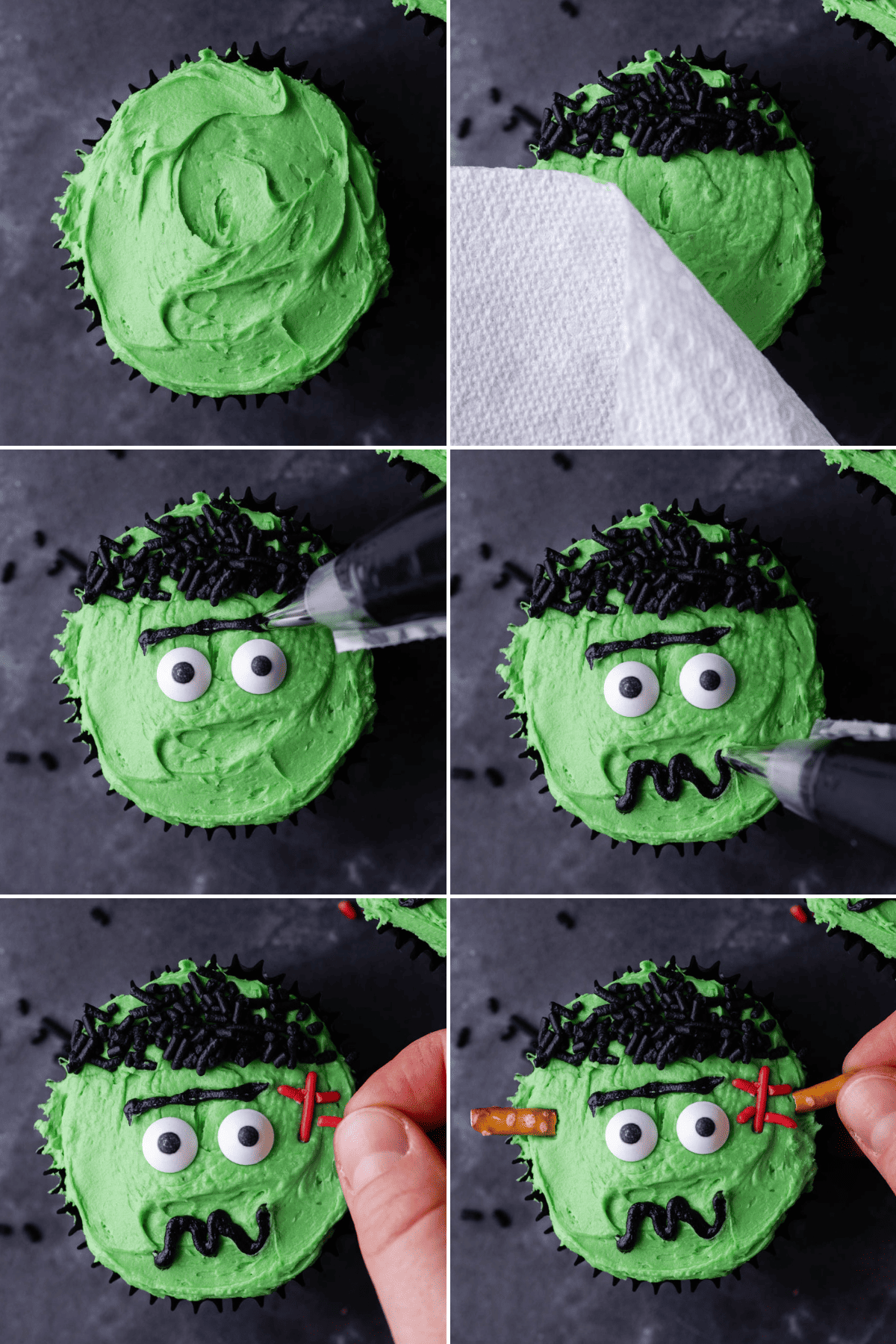 A collage of the step by step guide to decorating frankenstein cupcakes