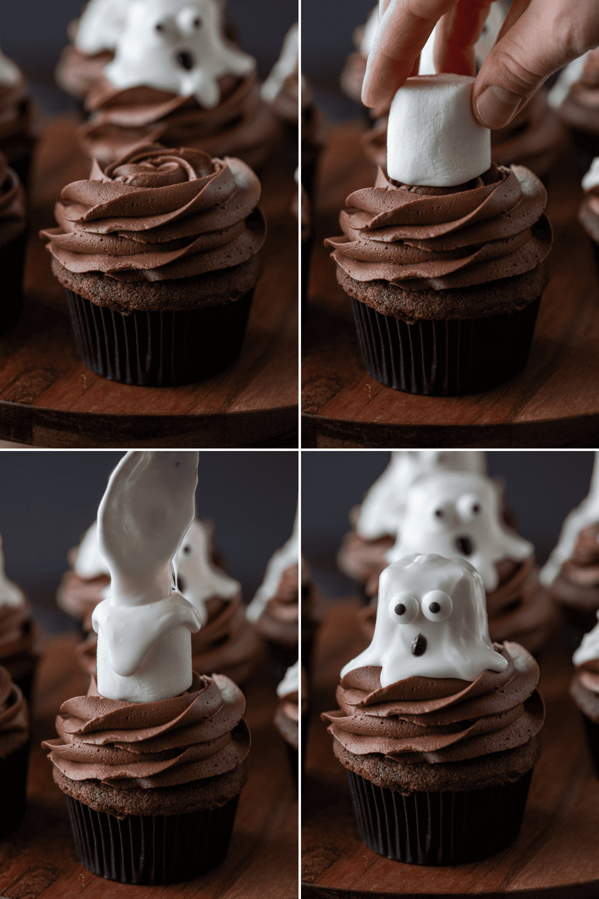 a collage of the steps to make ghost cupcakes with chocolate frosting on top and then a marshmallow covered in icing and mini eyeball candies