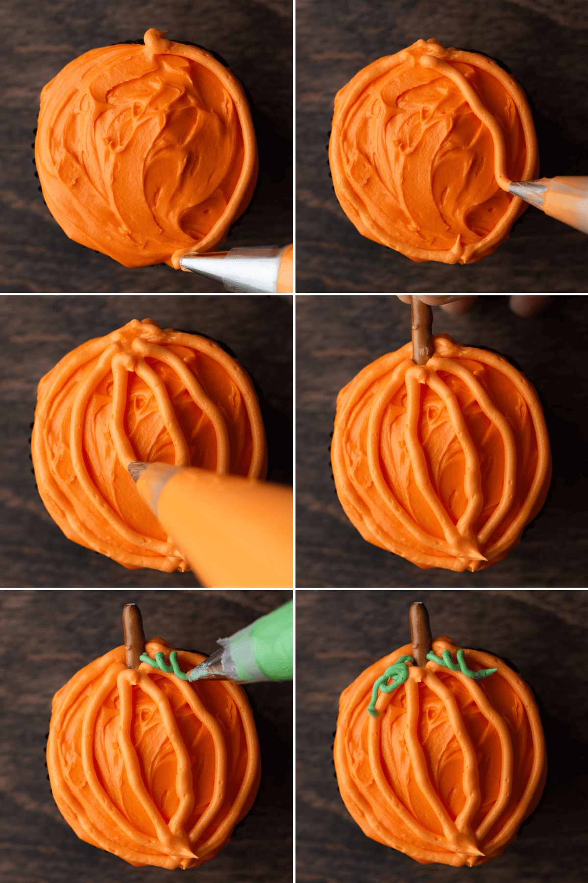 a collage of the steps to decorate a pumpkin patch cupcake