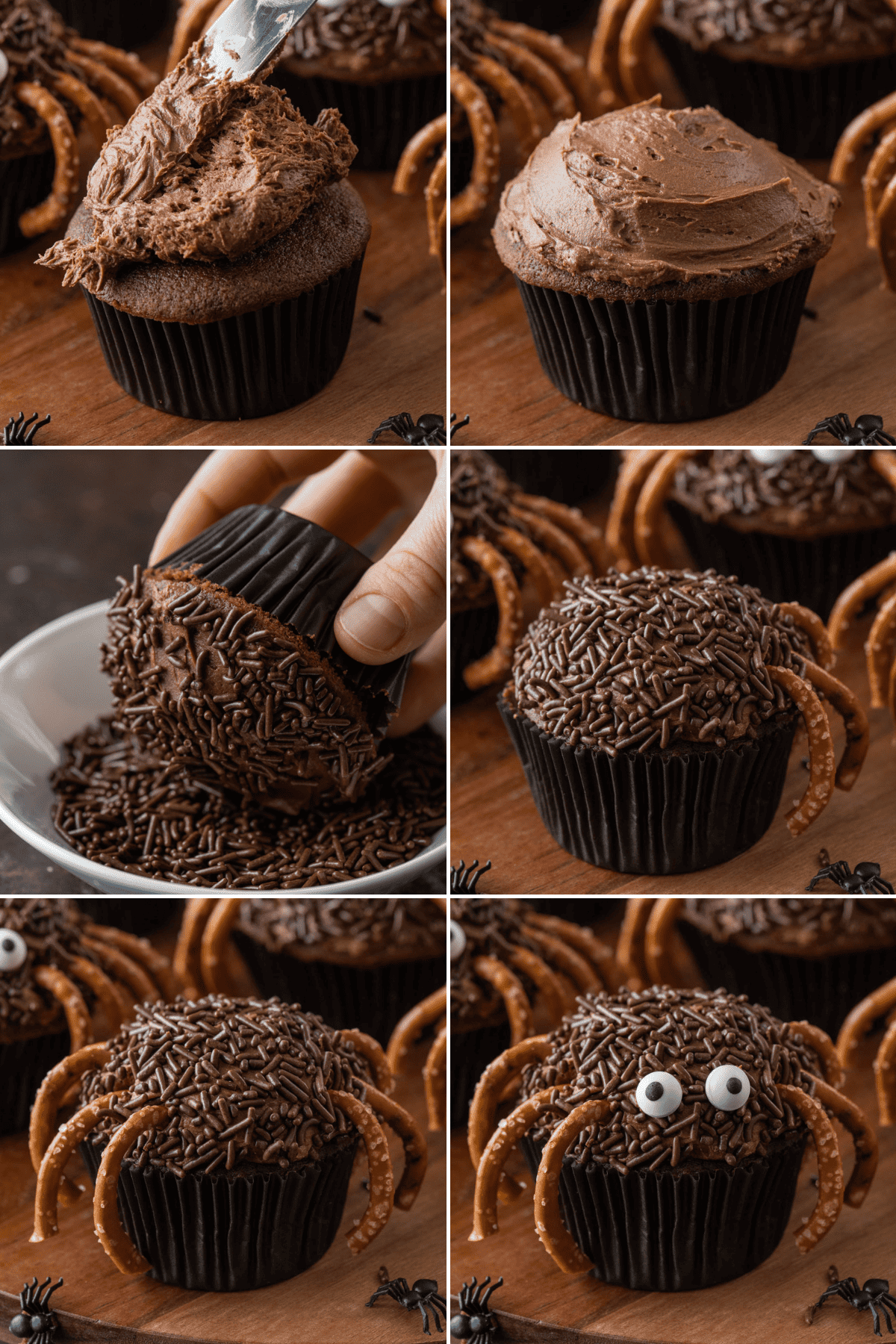a collage of the steps to make spider cupcakes, icing a chocolate cupcake then dipping in sprinkles, adding legs and mini candy eyes
