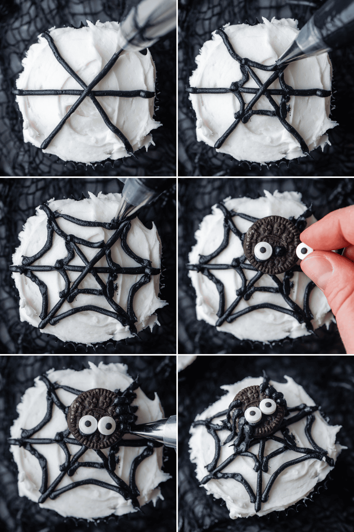 a collage of the steps to decorate a spider web cupcakes