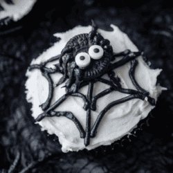 spider web cupcake with white frosting, a black frosting spider web, and a mini oreo with mini candy eyeballs on top