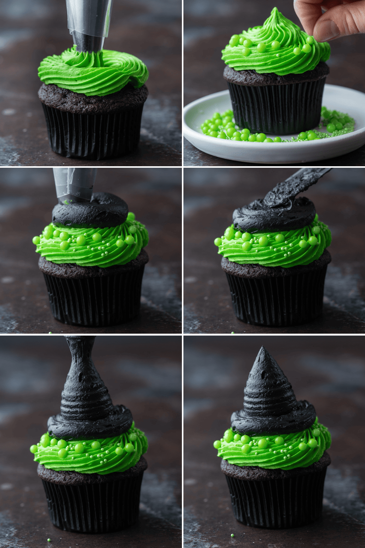 a collage of step by step images for decorating witch hat cupcakes