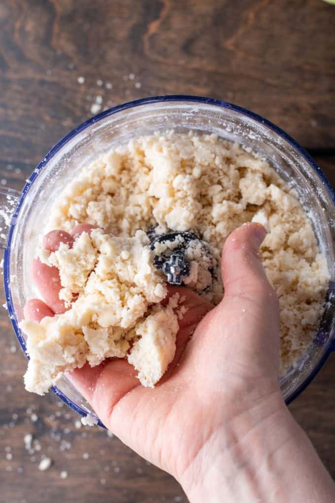 pie crust dough mixed in a food processor sitting on a wood surface with a hand above the bowl holding up some of the crumbly pie crust dough