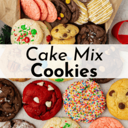 an assortment of cake mix cookies piled and stacked on top of the image and flat in rows on the bottom of the image with the works cake mix cookies in the middle of the image