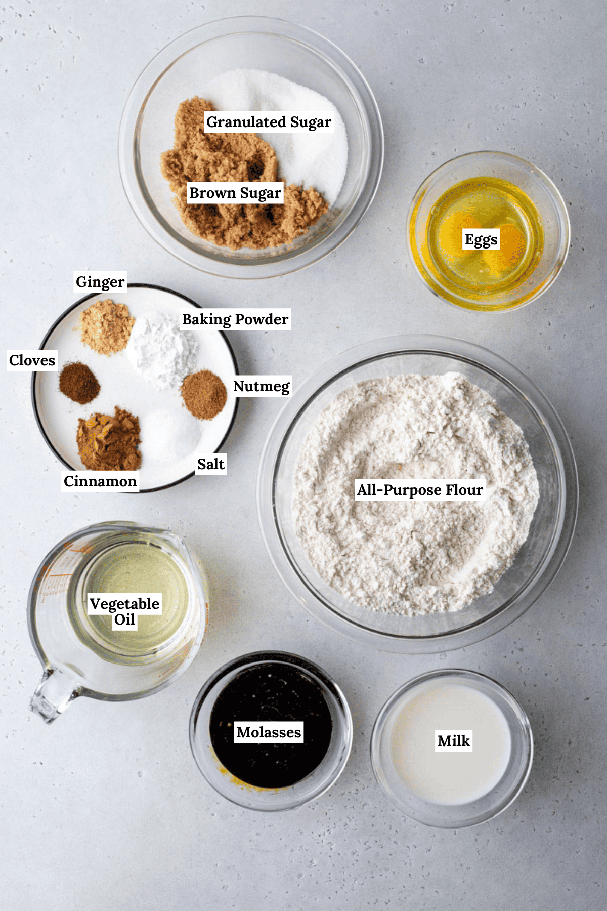 gingerbread muffin ingredients in bowls on white background