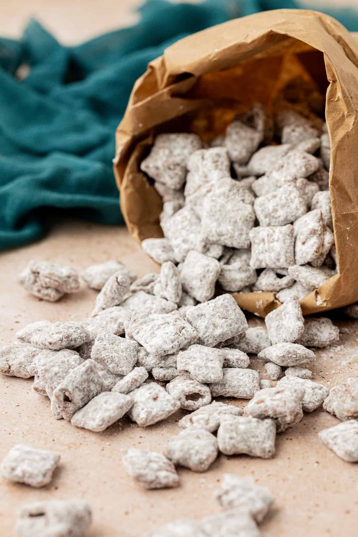a brown bag of puppy chow laying on its side with puppy chow spilled out onto a countertop surface with a dark teal towel beside it