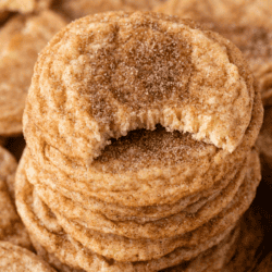 a pile of snickerdoodle cookies with a bite taken out of the cookie on top