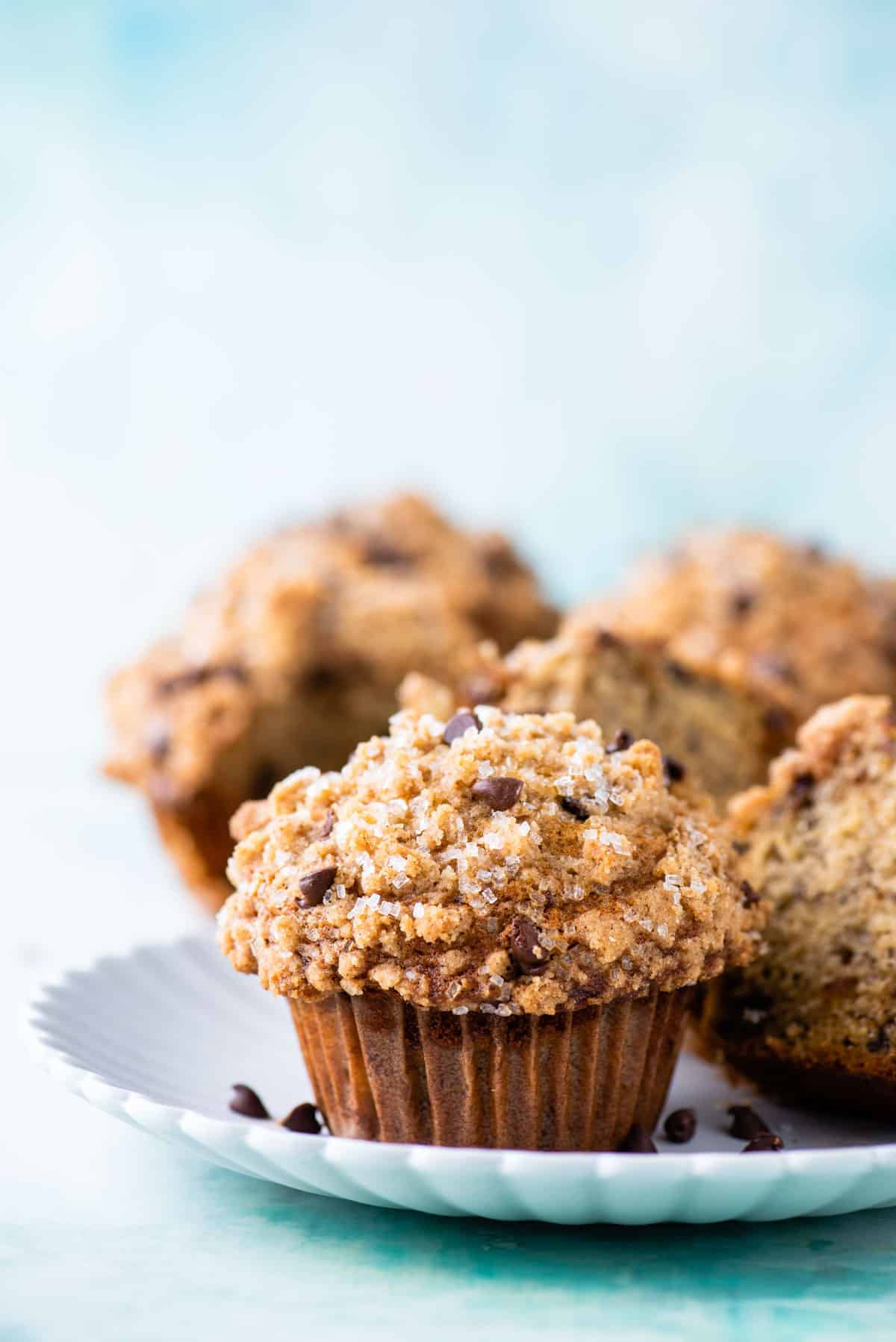 banana chocolate chip muffins on a white plate sitting on a light teal surface with chocolate chips sprinkled around