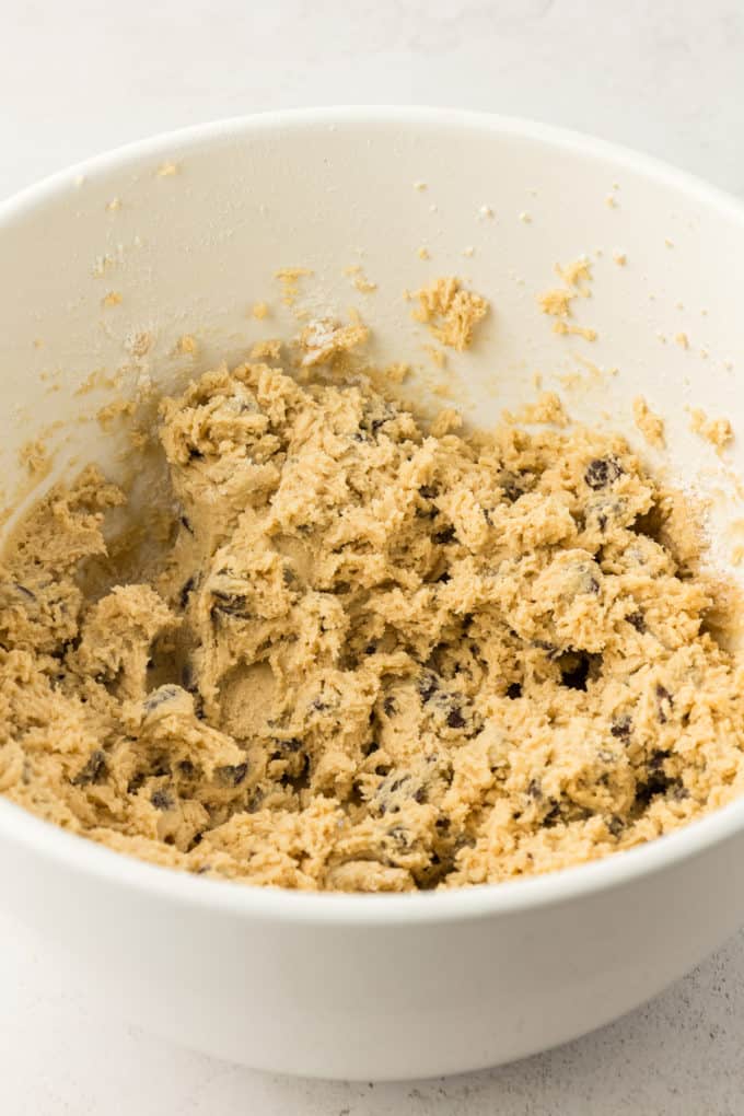 batter for cookie cake in a white bowl