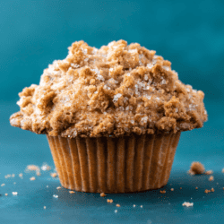 a maple pecan muffin on a dark teal surface with bits of the crumb topping surrounding it