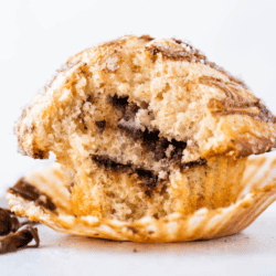 a nutella swirl muffin on a white surface with a white background, with the muffin liner pulled away from the muffin exposing the layers of nutella inside