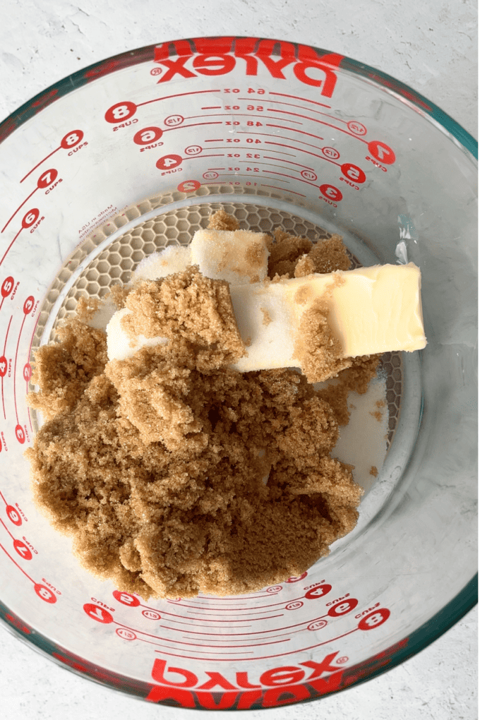 brown sugar, sugar and butter in a pyrex measuring bowl