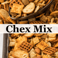 chex mix being scooped and chex mix covered a baking sheet