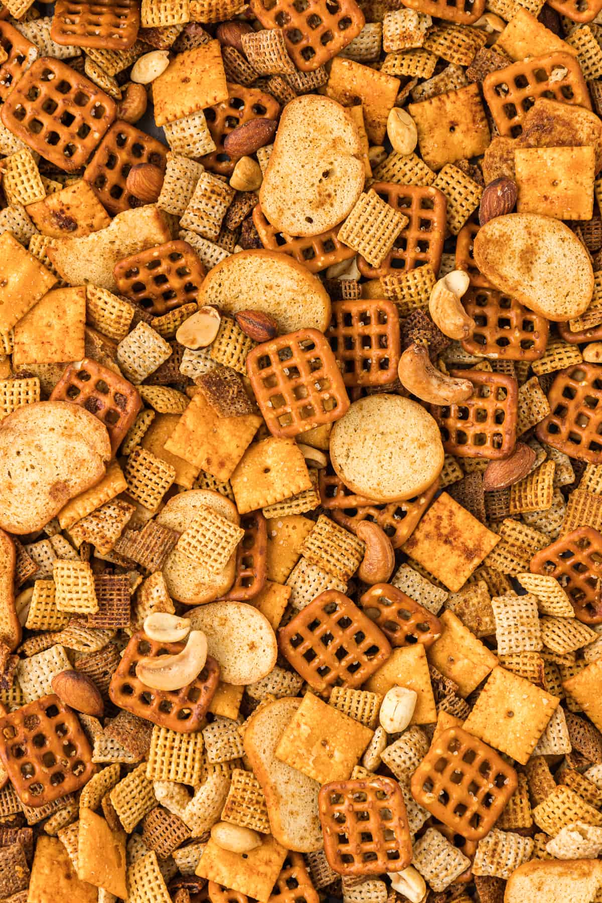 closed up view of homemade chex mix