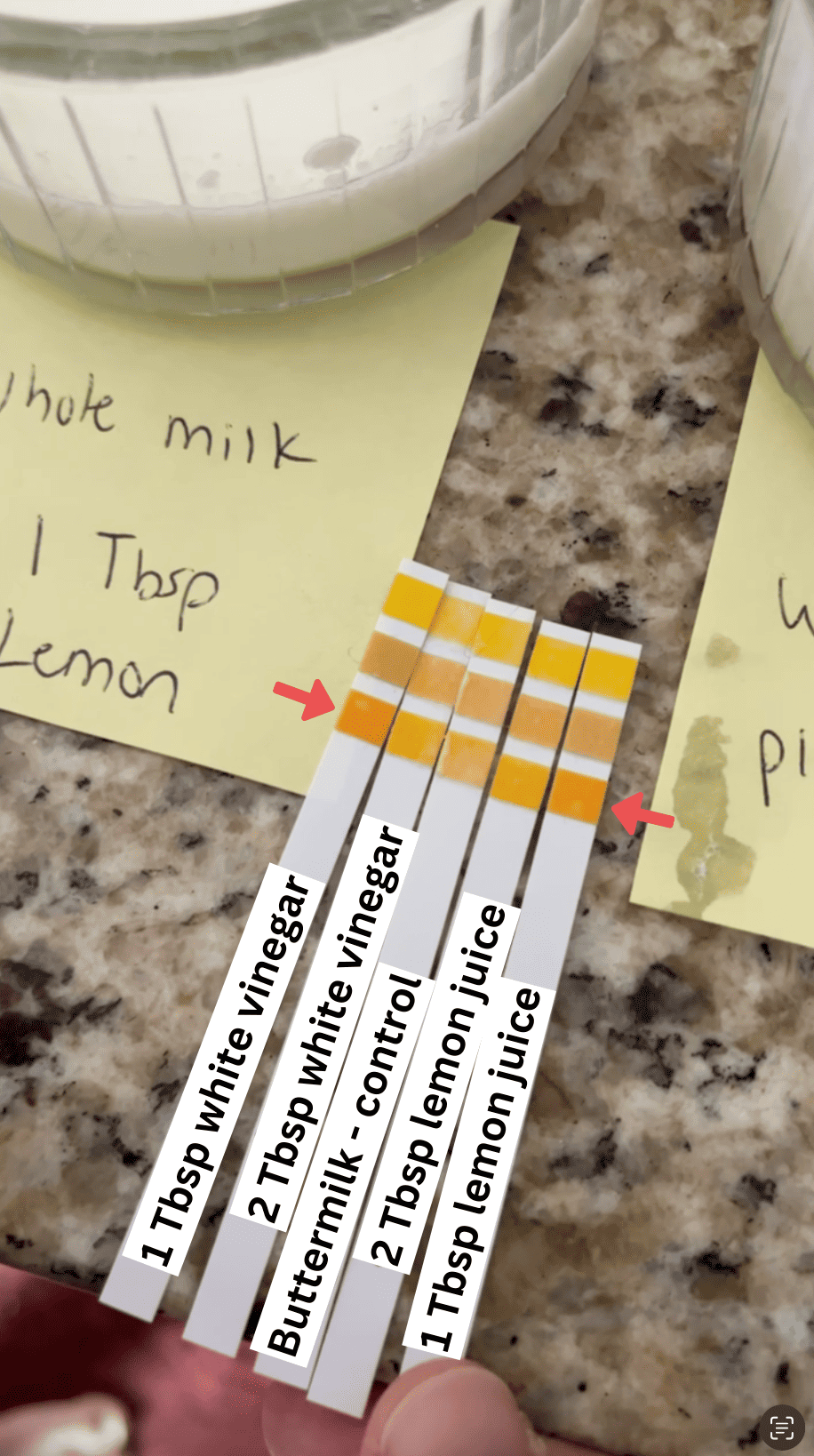 pH testing strips on a counter top beside yellow sticky notes and class containers of buttermilk, with the strips labeled: "1 tbsp white vinegar", "2 tbsp white vinegar", "buttermilk - control", "2 tbsp lemon juice", "1 tbsp lemon juice"