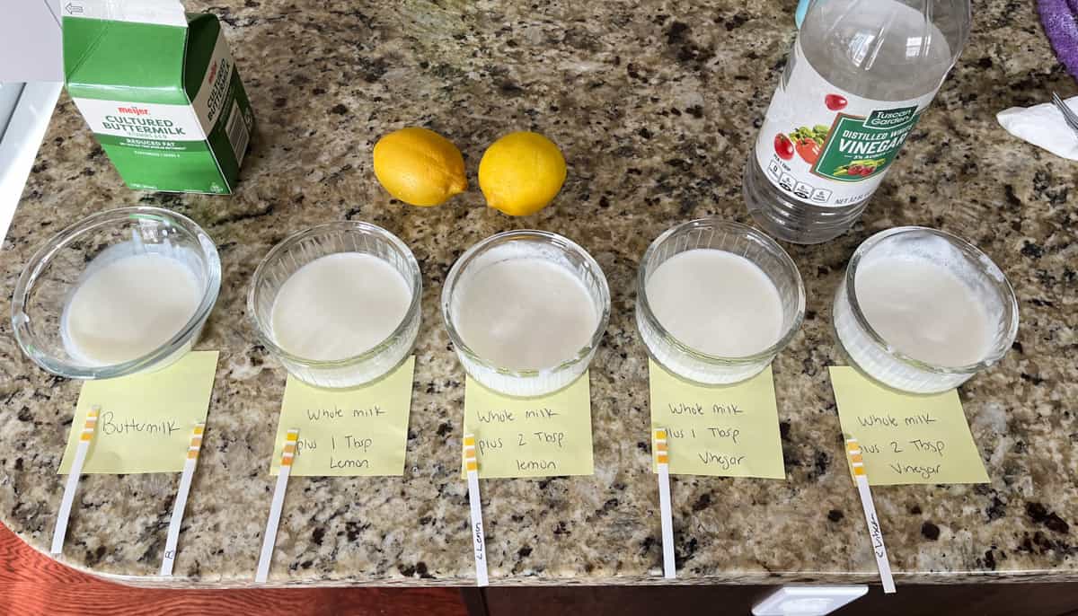 A countertop with the setup for a buttermilk experiment on it, with 5 clear glass containers with different buttermilk mixtures in them, sitting on yellow sticky note labels with pH test strips, and a carton of store-bought buttermilk, two whole lemons and a bottle of distilled vinegar sitting beside them