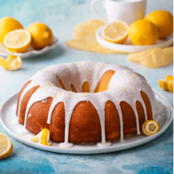 a lemon bundt cake on a round, white plate with fresh lemon peels around it, sitting on a blue surface with small white places of fresh lemons and more lemon peels and slices around it