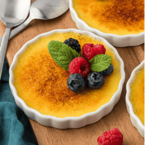 white ramekins of creme brulee, one topped with fresh berries and mint leaves on a wooden board with sppons beside a dark teal towel