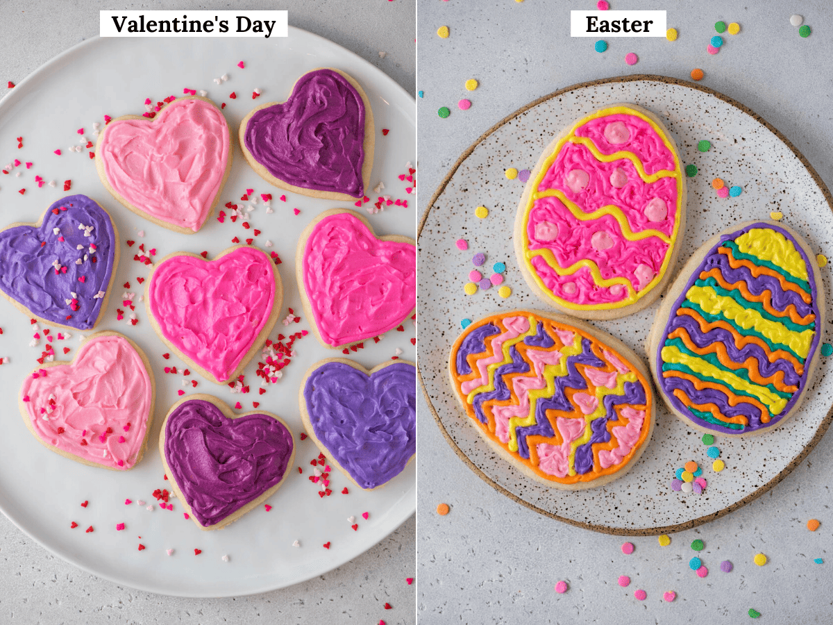 A collage of two photos with cookies on plates: the left plate with heart-shaped cookies all frosted in different colors of frosting including shades of pink and purple and heart sprinkles scattered around and the right plate with easter egg shaped cookies decorated in lots of different colors and sprinkles all around