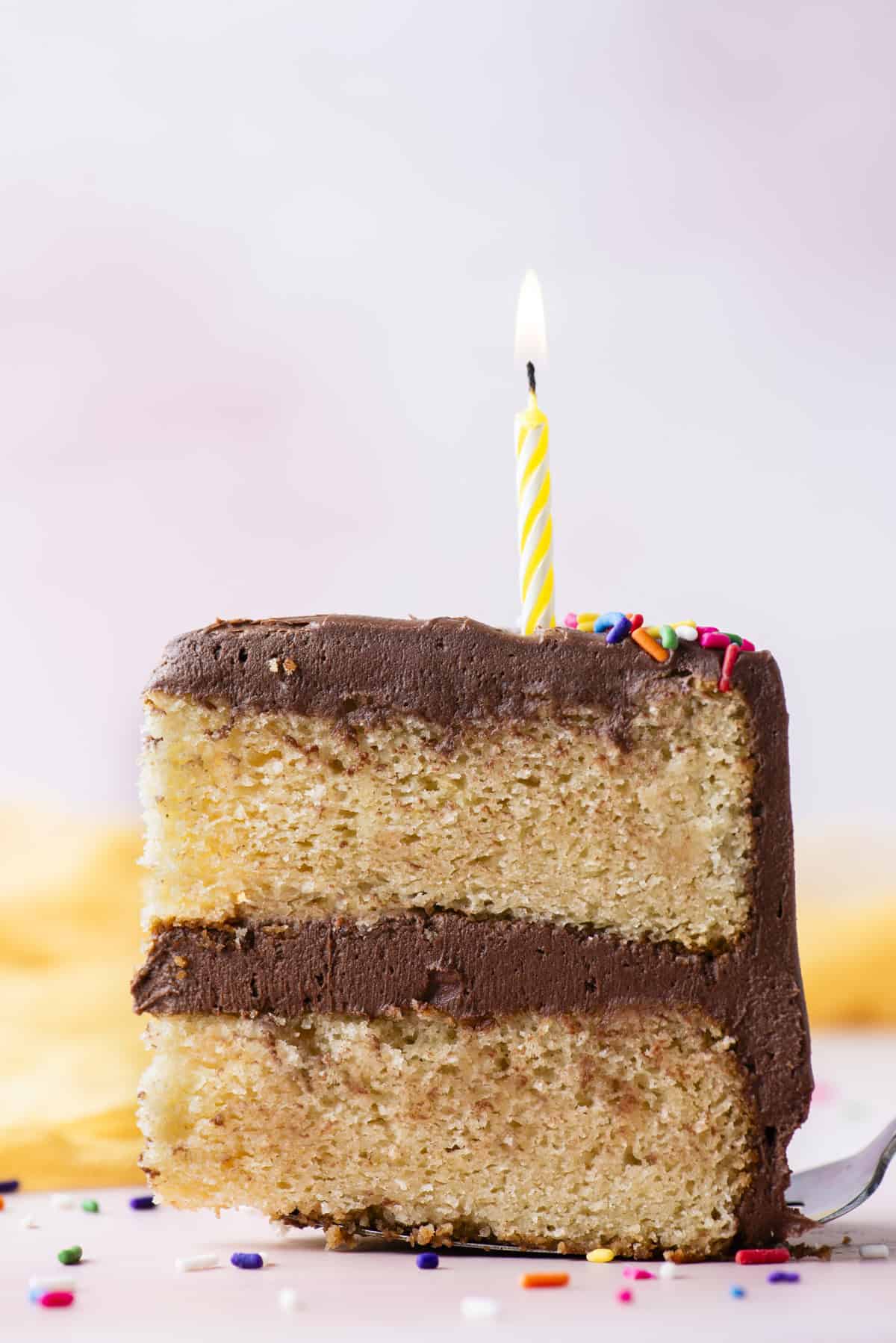a slice of two layer gluten free birthday cake on a fork, from the side so you can see the layers, with a birthday candle in the top and rainbow sprinkles scattered around