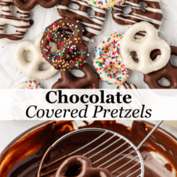a split image with a variety of chocolate covered pretzels on top (some chocolate, some white chocolate, some chocolate with white chocolate drizzles, some with rainbow sprinkles) and on the bottom of the photo, a chocolate covered pretzel being lifted out of a bowl of melted chocolate